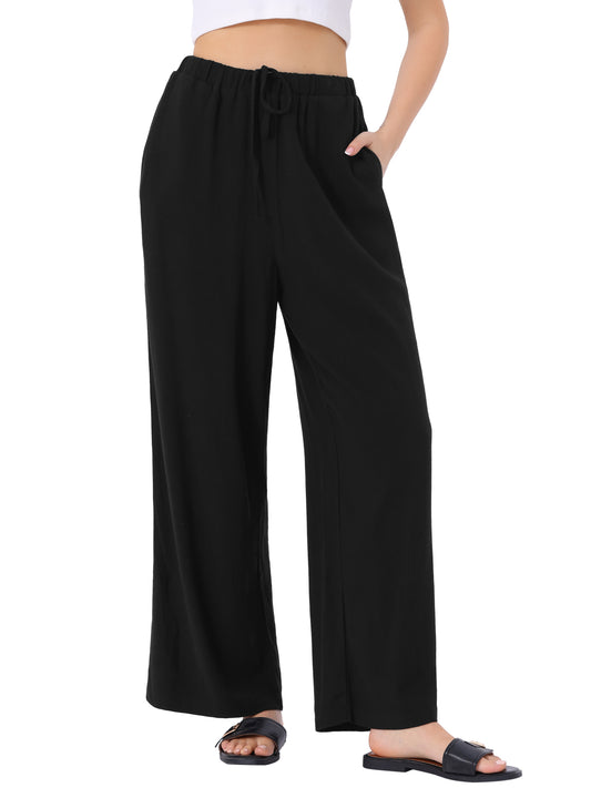 Women's Linen Palazzo Pants Summer Flowy Wide Leg Casual Vacaction Beach Trousers with Pockets