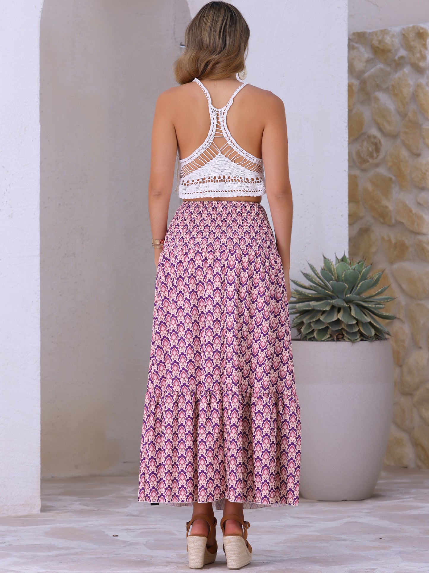 Women's Summer Smocked Waist Flowy Swing Floral Maxi Skirt