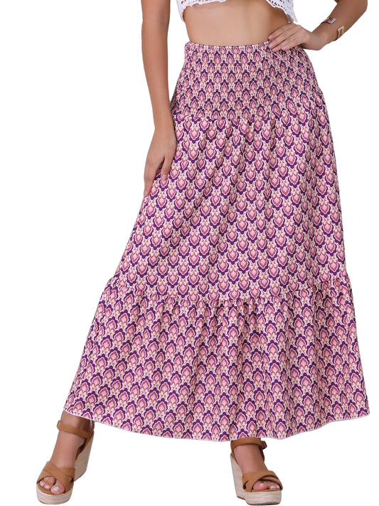 Women's Summer Smocked Waist Flowy Swing Floral Maxi Skirt