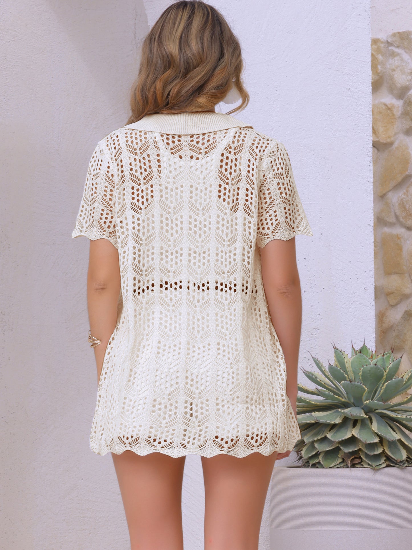 Women's Beach Cover Up Button Down Short Sleeve Crochet Hollow Out Summer Shirt