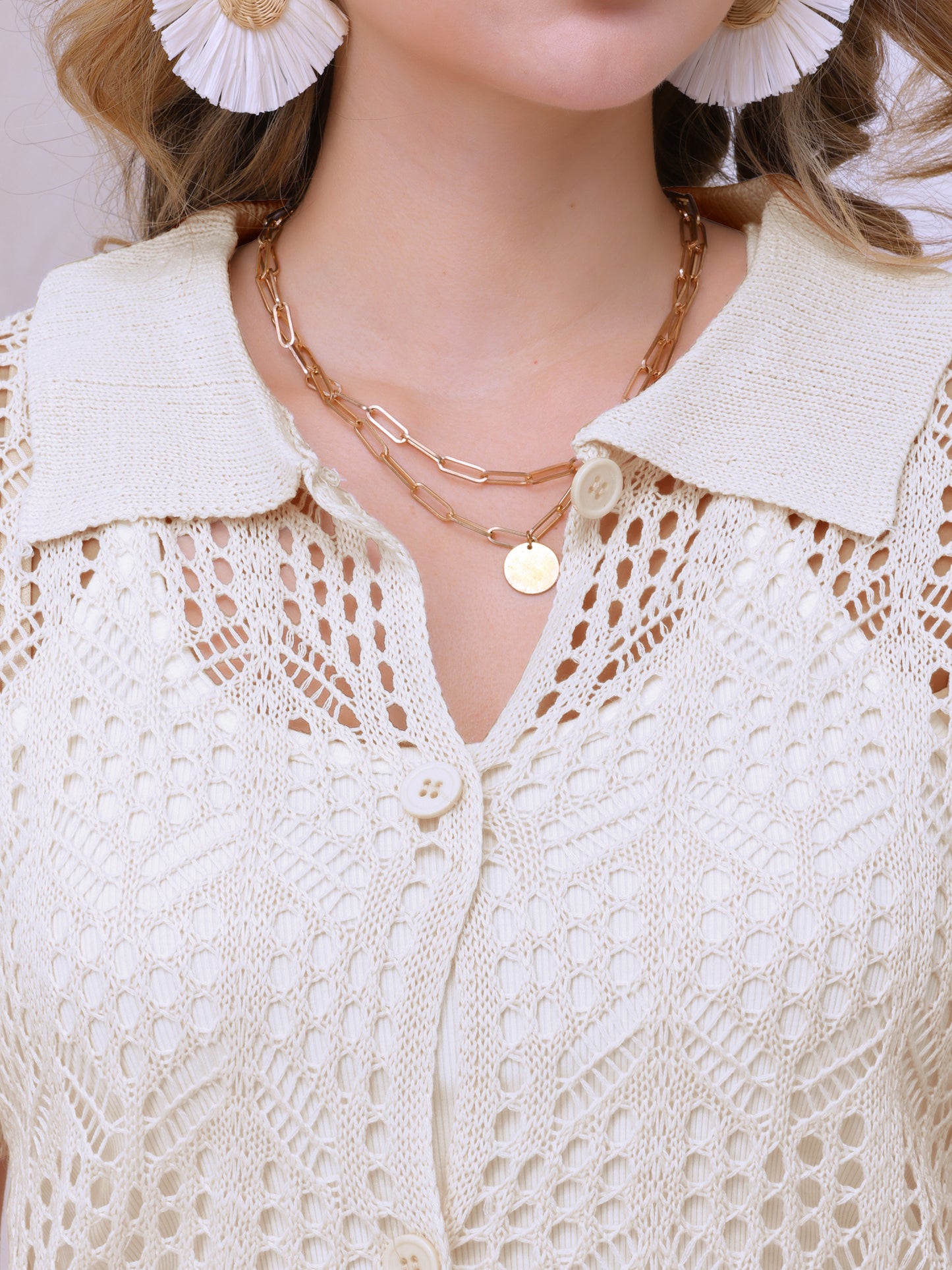 Women's Beach Cover Up Button Down Short Sleeve Crochet Hollow Out Summer Shirt