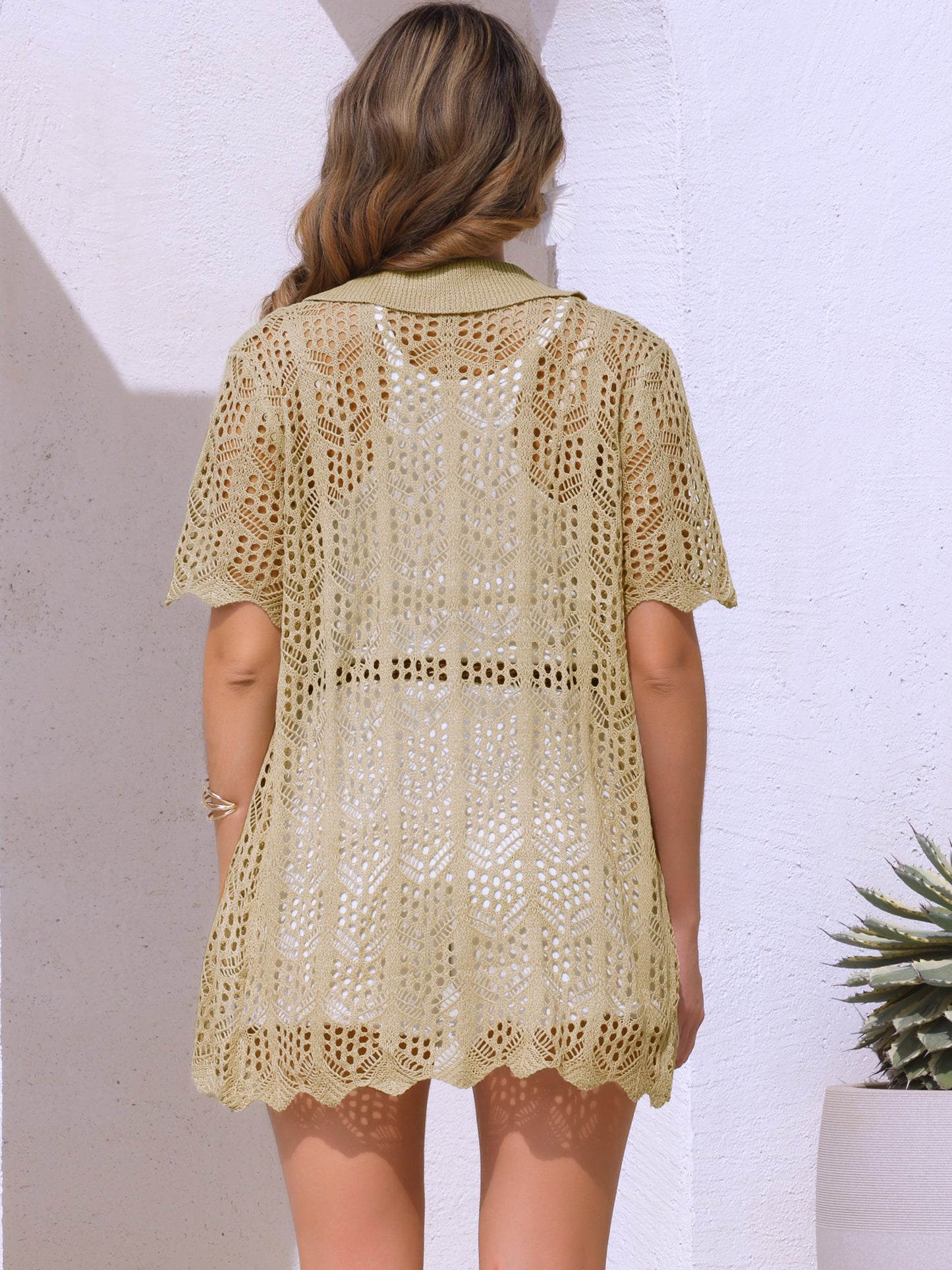 Camisa de playa de verano para mujer, con botones, de manga corta y crochet calado