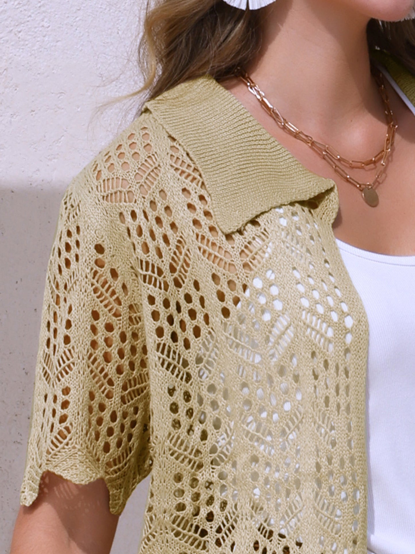 Camisa de playa de verano para mujer, con botones, de manga corta y crochet calado