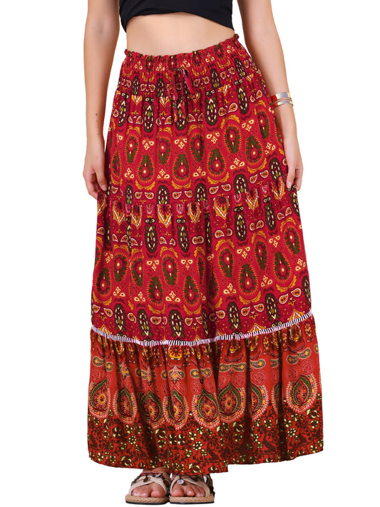 Women's Boho Floral Smocked High Waist A-Line Maxi Skirt