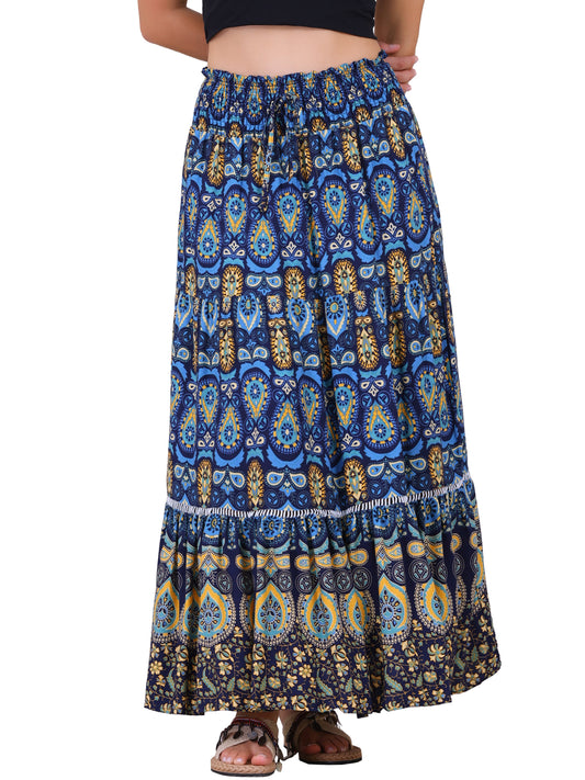 Women's Boho Floral Smocked High Waist A-Line Maxi Skirt