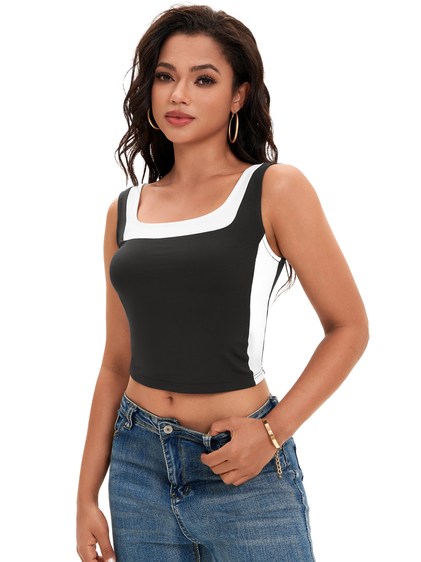 Women Sleeveless Square Neck Crop Top Slim Fit Color Block Tank Top