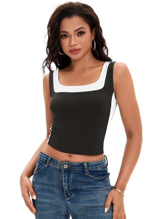 Women Sleeveless Square Neck Crop Top Slim Fit Color Block Tank Top