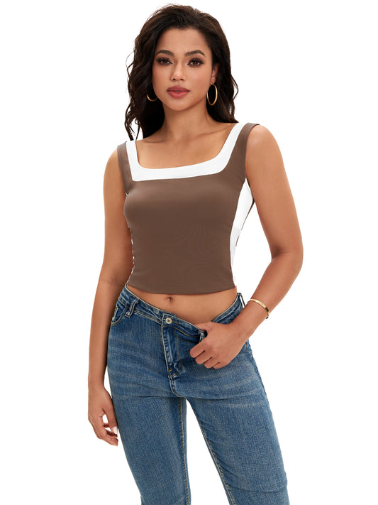 Top corto sin mangas con cuello cuadrado para mujer, corte ajustado, camiseta sin mangas con bloques de color