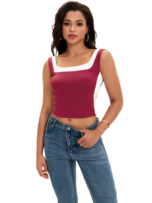 Top corto sin mangas con cuello cuadrado para mujer, corte ajustado, camiseta sin mangas con bloques de color