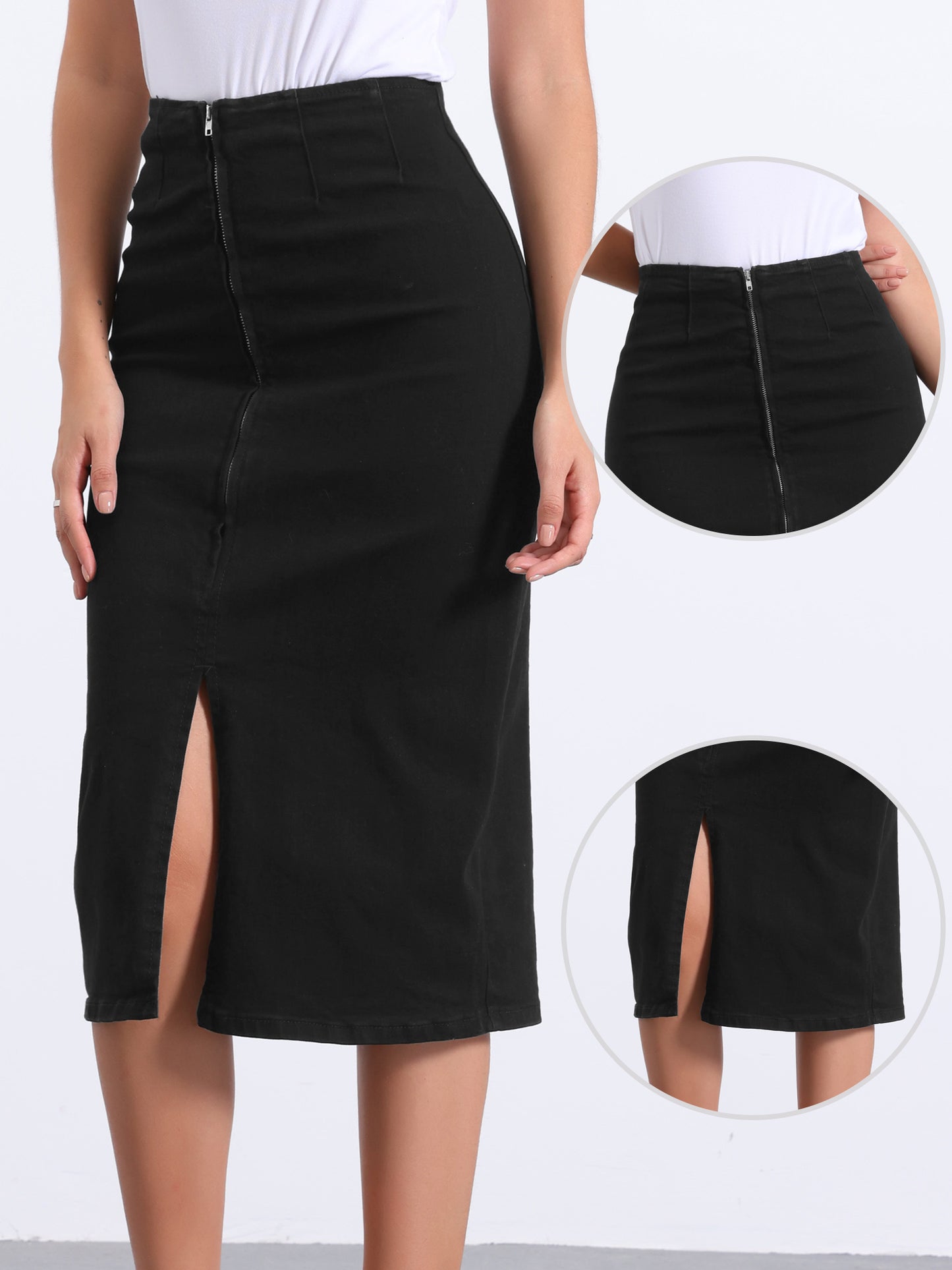 Women's Denim Skirt Front Slit Zipper High Waist Bodycon Midi Jean Skirt