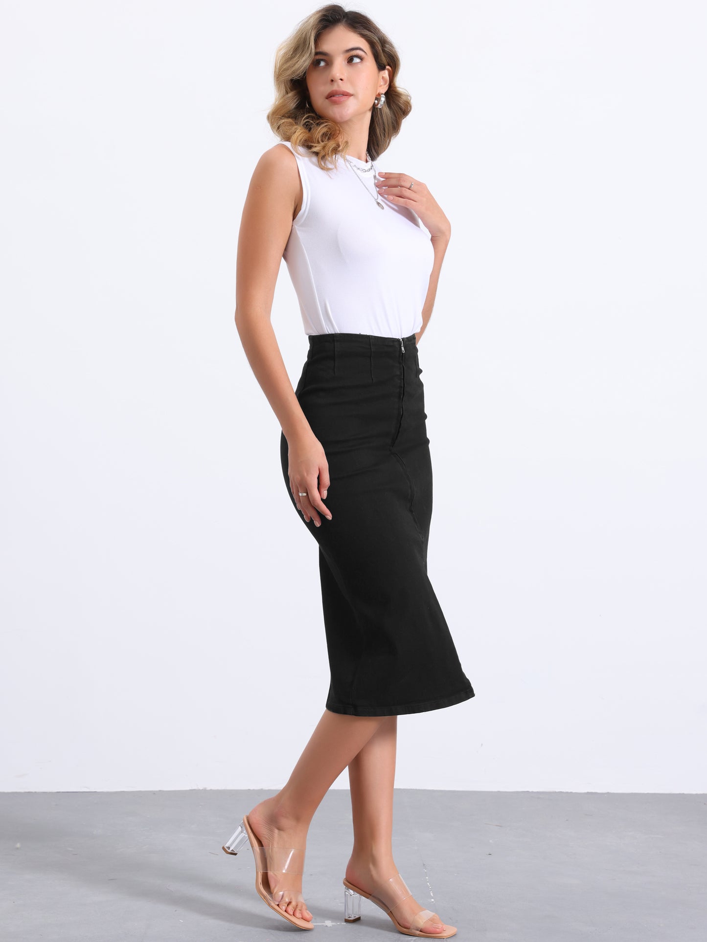 Women's Denim Skirt Front Slit Zipper High Waist Bodycon Midi Jean Skirt