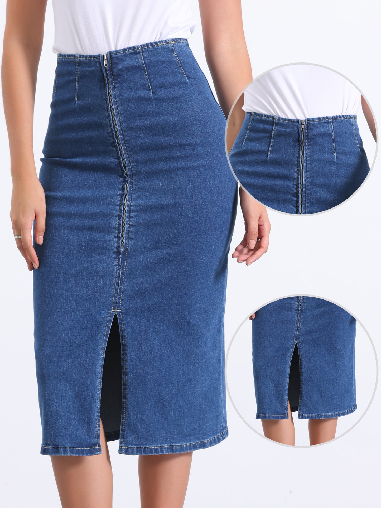 Women's Denim Skirt Front Slit Zipper High Waist Bodycon Midi Jean Skirt