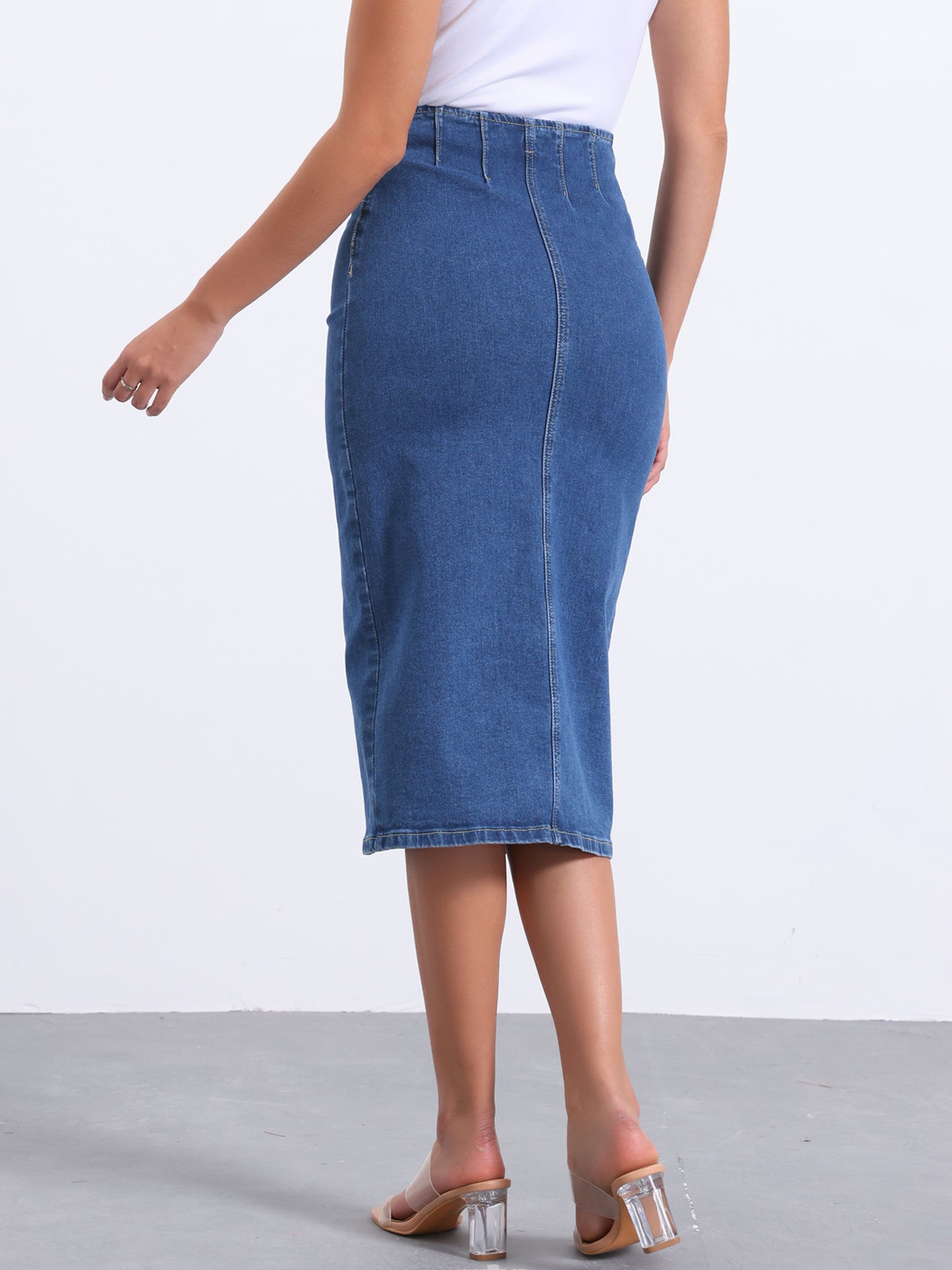 Women's Denim Skirt Front Slit Zipper High Waist Bodycon Midi Jean Skirt