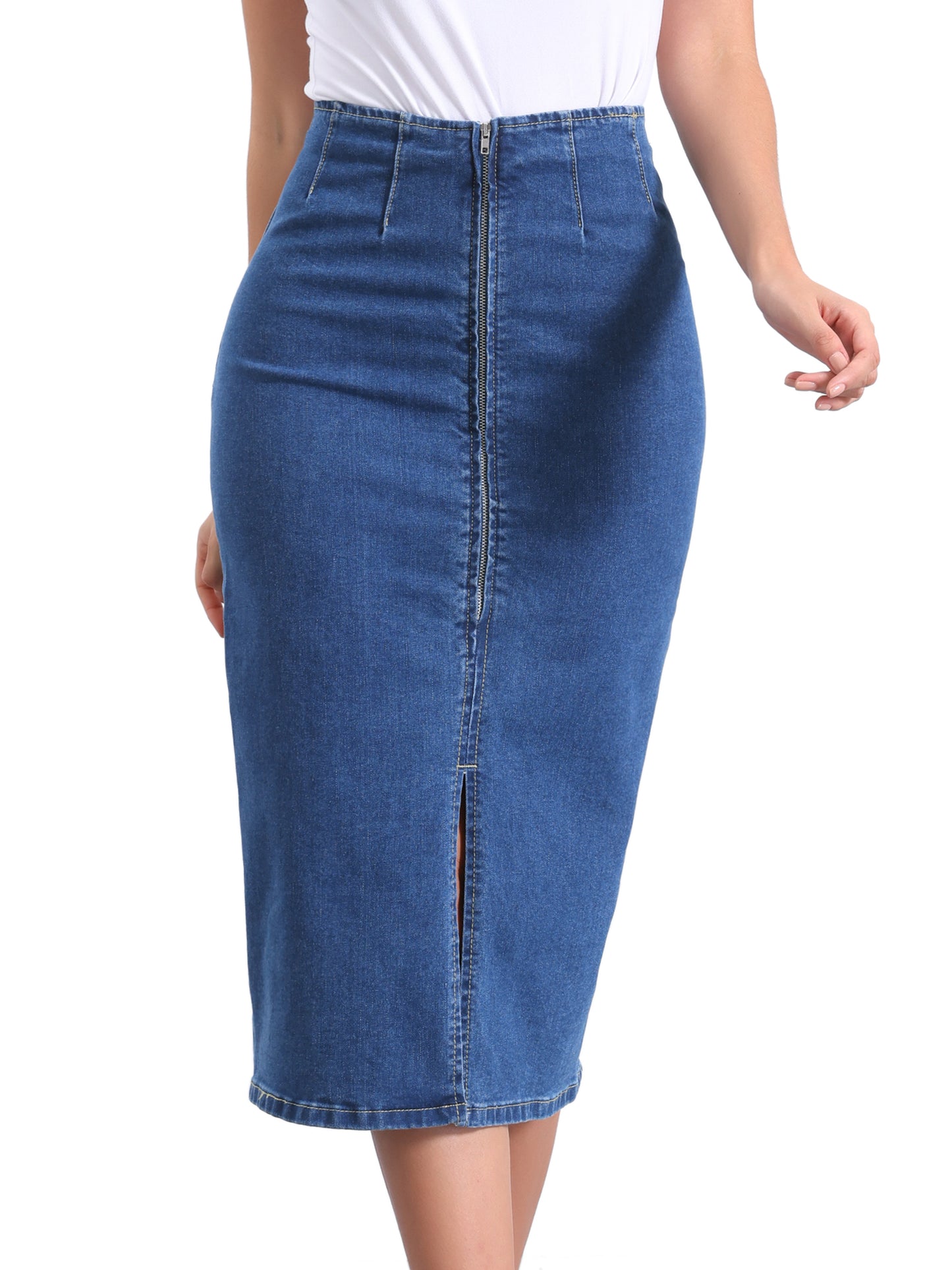 Women's Denim Skirt Front Slit Zipper High Waist Bodycon Midi Jean Skirt