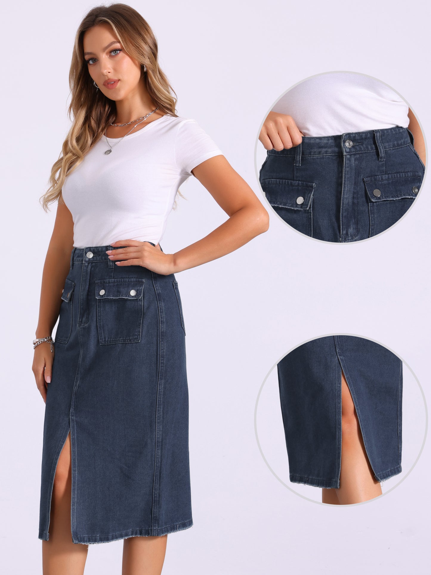 Women's Casual Jean Skirt High Waist Front Slit Split Hem Denim Skirts with Pockets