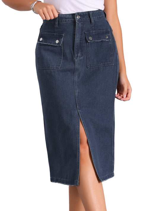 Women's Casual Jean Skirt High Waist Front Slit Split Hem Denim Skirts with Pockets
