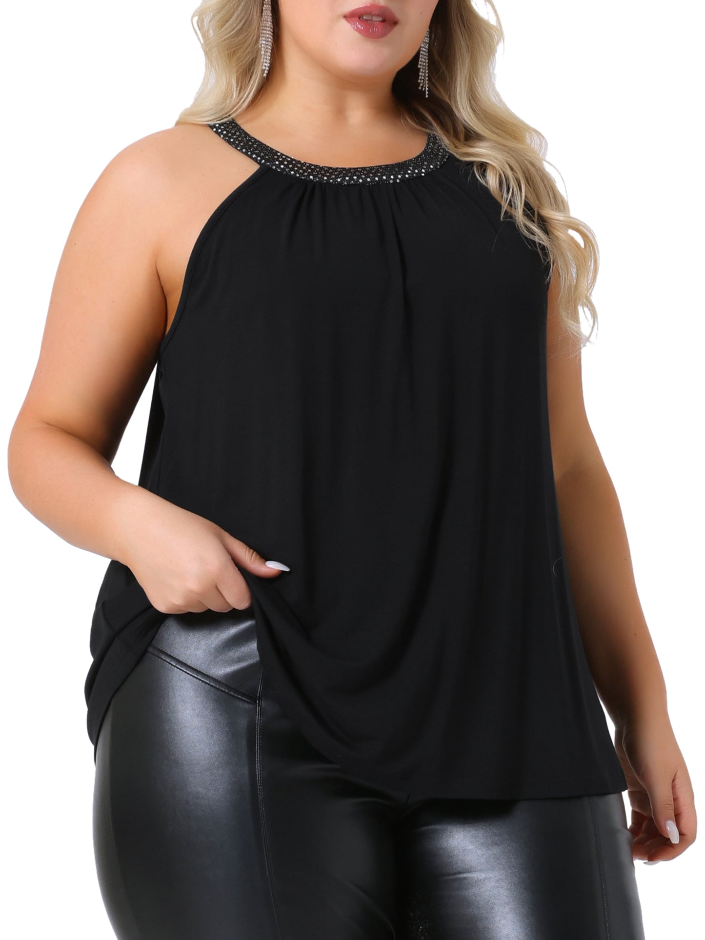 Women Plus Size Camisole Sparkling High Neck Sleeveless Summer Flowy Cami Blouse