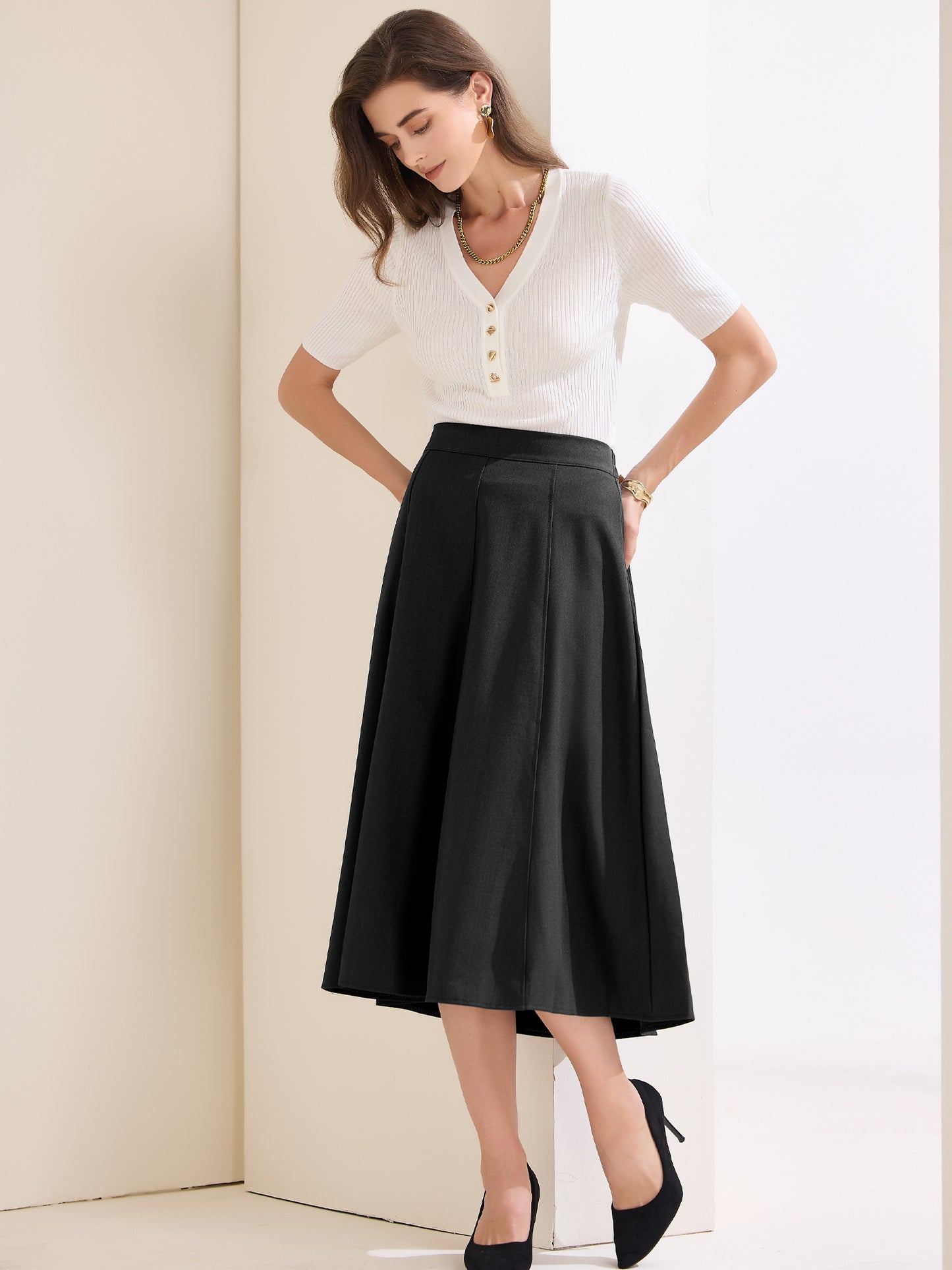 Falda plisada acampanada midi de cintura alta para oficina para mujer