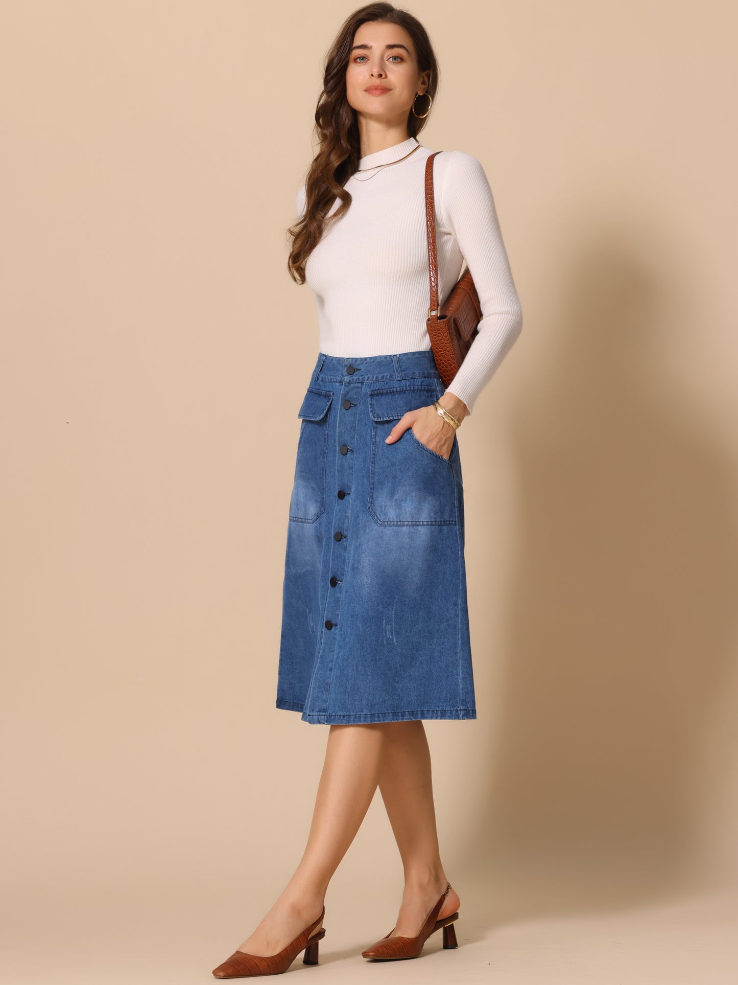 Women's A-Line Button Front High Waist Jean Denim Midi Skirt
