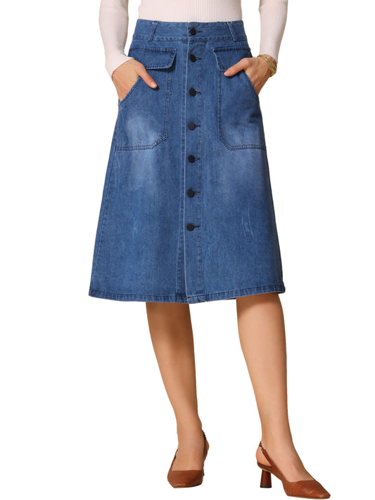 Women's A-Line Button Front High Waist Jean Denim Midi Skirt