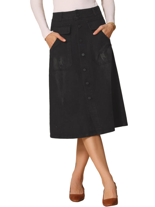 Women's A-Line Button Front High Waist Jean Denim Midi Skirt