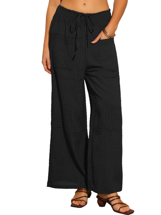 Women Wide Leg Pants Adjustable Waist Tie Front Casual Summer Palazzo Pants with Pockets