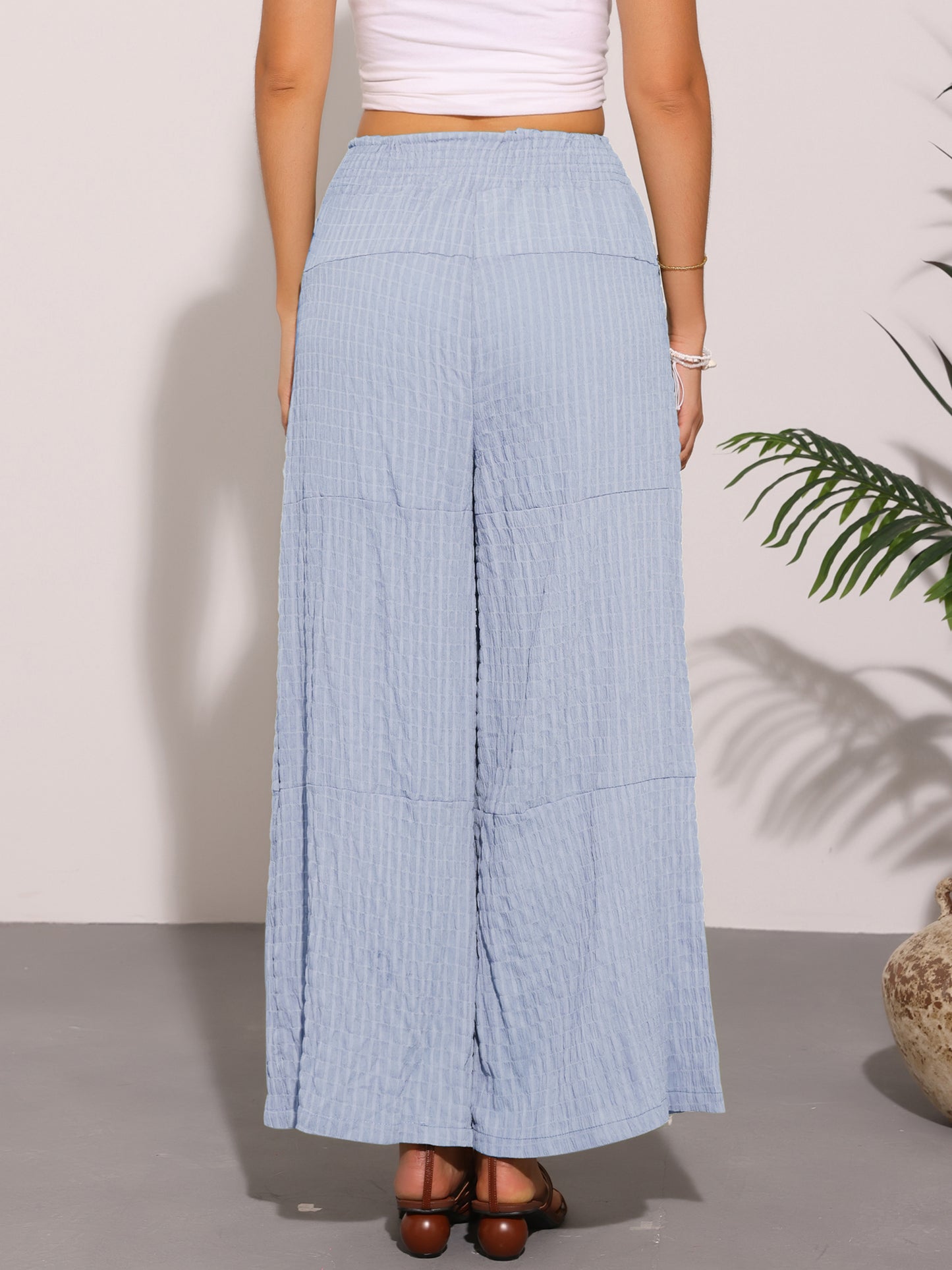Women Wide Leg Pants Adjustable Waist Tie Front Casual Summer Palazzo Pants with Pockets