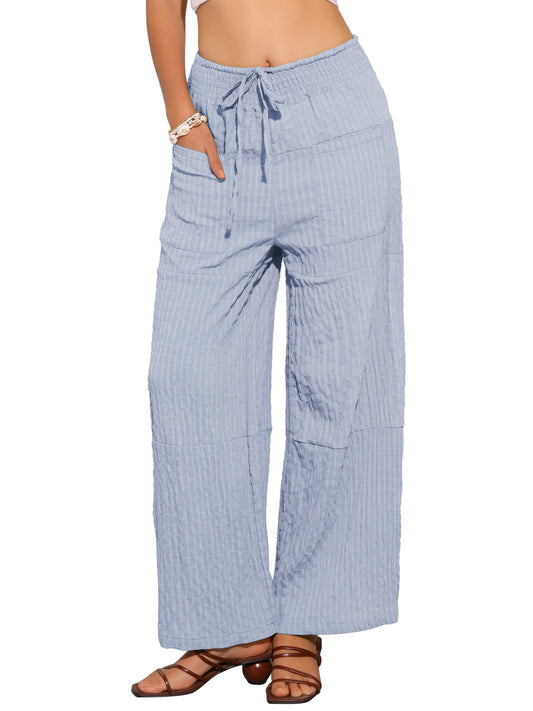 Women Wide Leg Pants Adjustable Waist Tie Front Casual Summer Palazzo Pants with Pockets