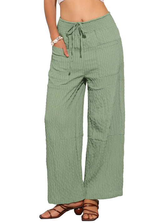 Women Wide Leg Pants Adjustable Waist Tie Front Casual Summer Palazzo Pants with Pockets