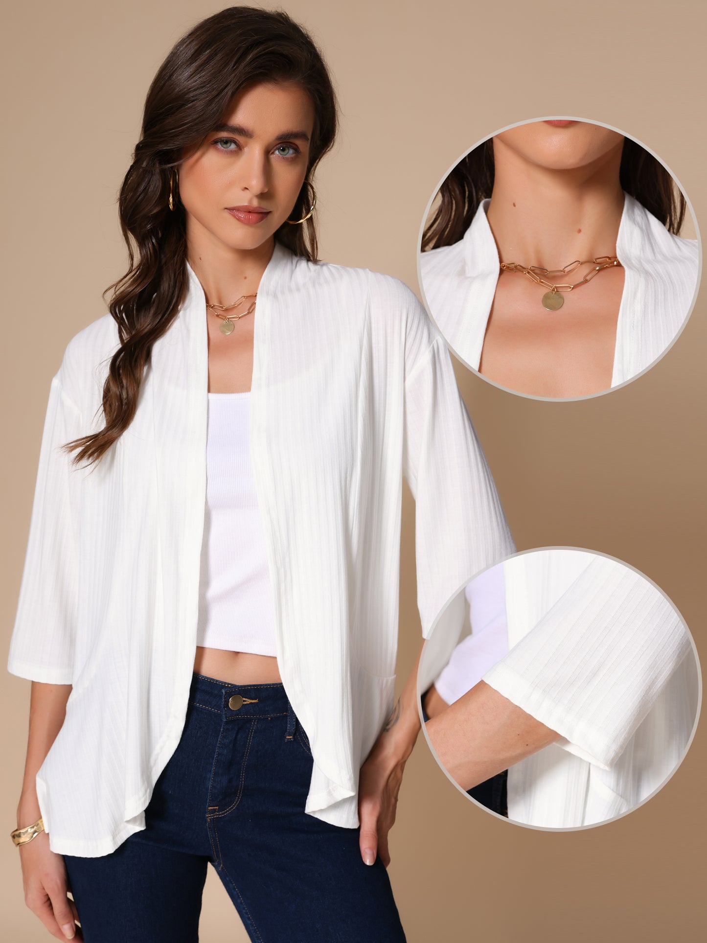 Cárdigan informal ligero con mangas 3/4 y dobladillo irregular para mujer