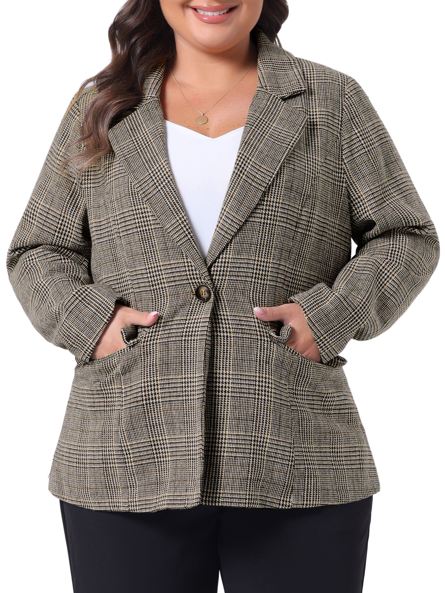 Women Plus Size Blazer Plaid Notched Lapel Long Sleeve Business Casual Blazer Jacket