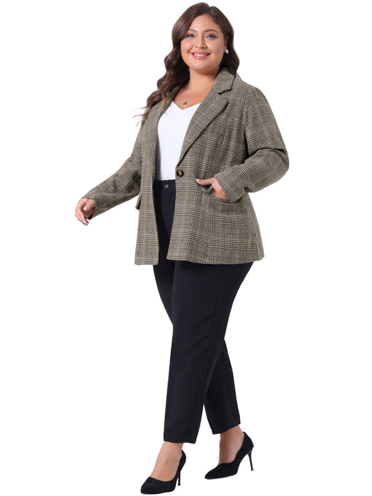 Blazer de talla grande para mujer, chaqueta informal de negocios de manga larga con solapa con muescas a cuadros