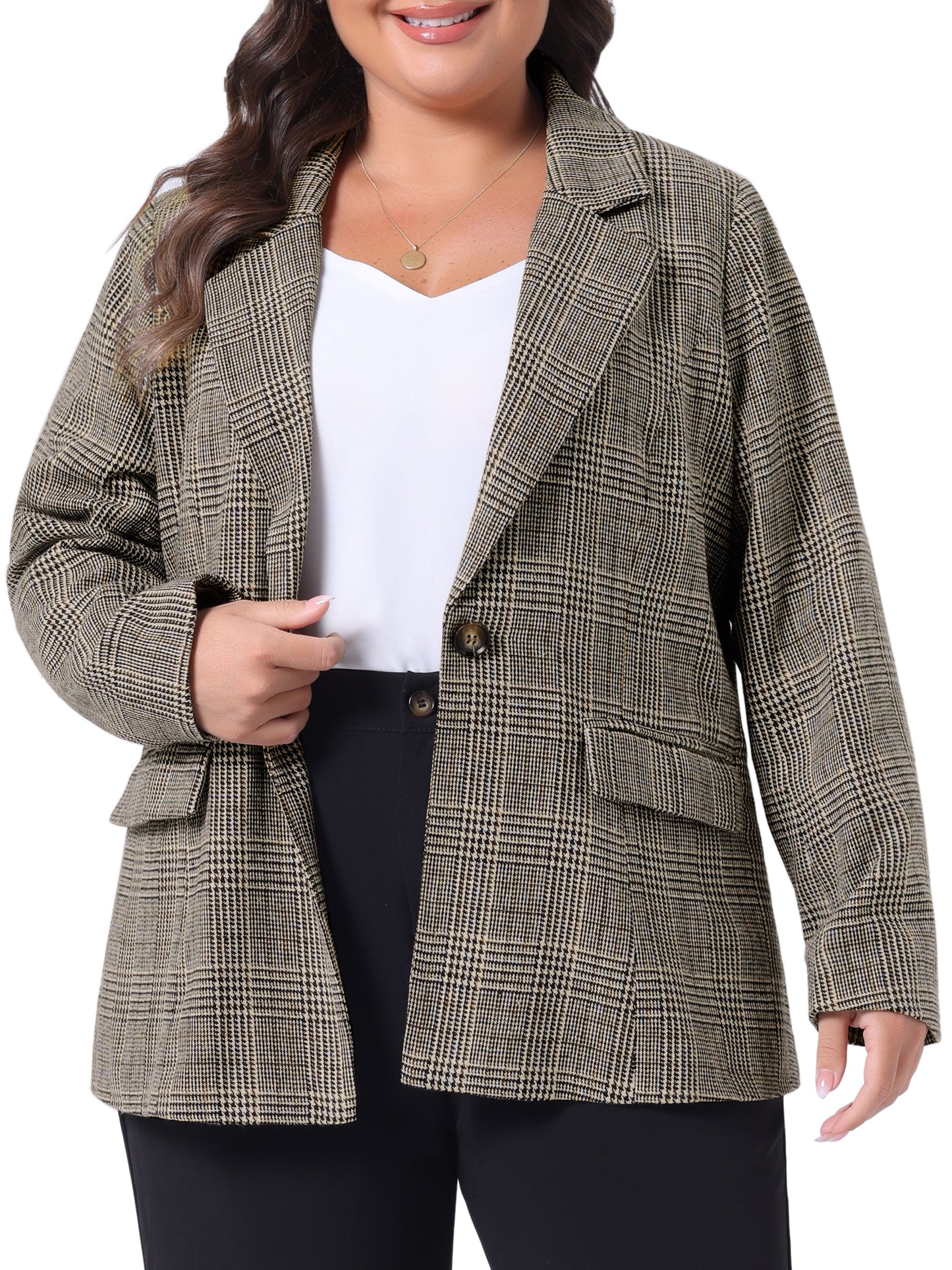 Women Plus Size Blazer Plaid Notched Lapel Long Sleeve Business Casual Blazer Jacket