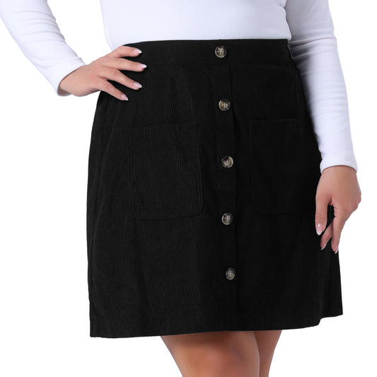 Faldas de pana de talla grande para mujer, otoño invierno, cintura elástica, abotonadas, minifalda corta con bolsillos