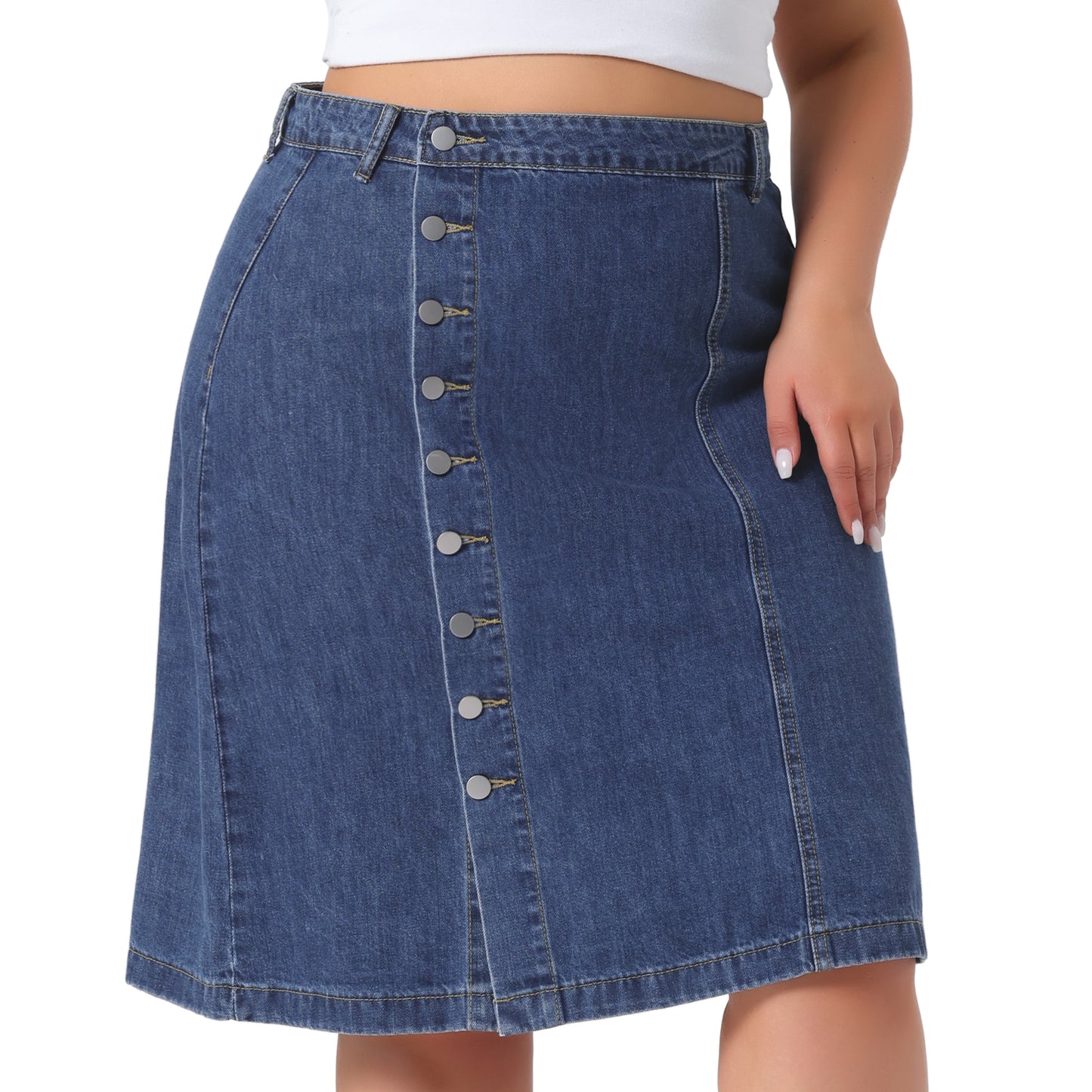 Falda vaquera de talla grande para mujer, con botones delanteros, cintura alta, corte A, falda vaquera midi