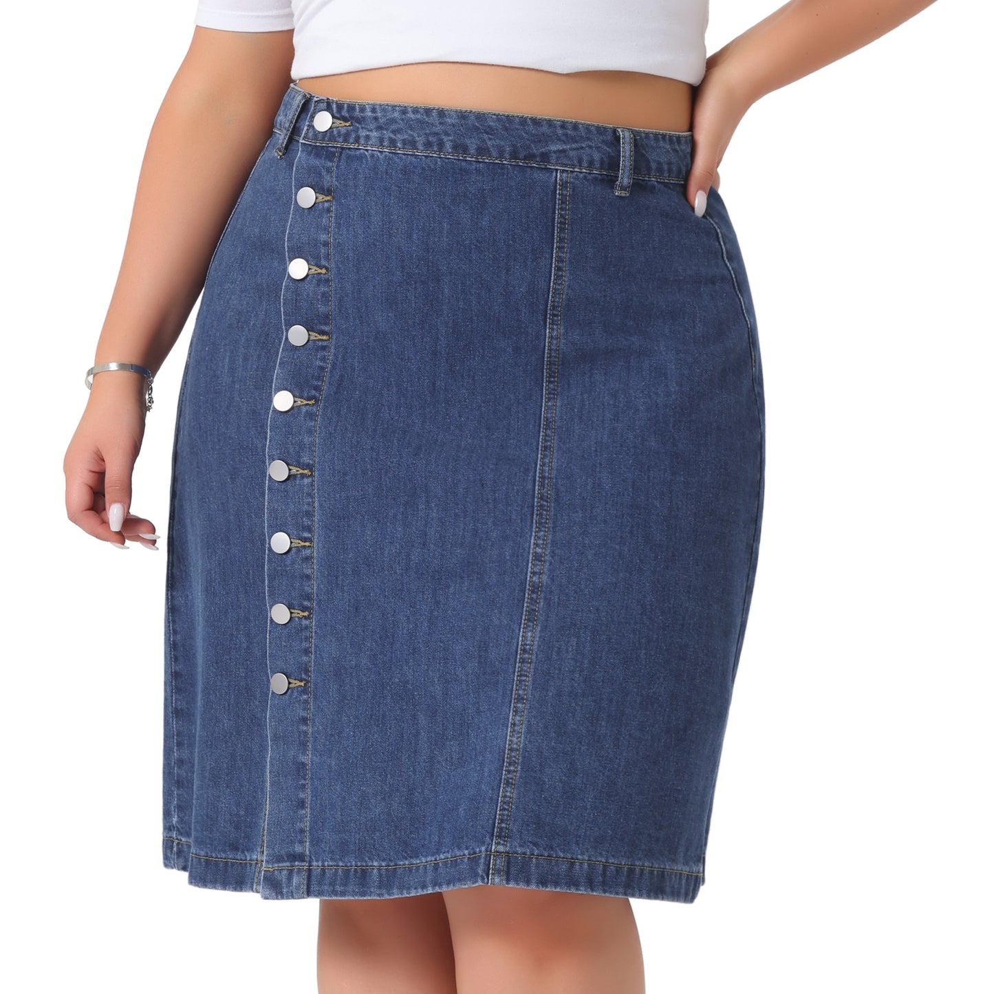 Falda vaquera de talla grande para mujer, con botones delanteros, cintura alta, corte A, falda vaquera midi