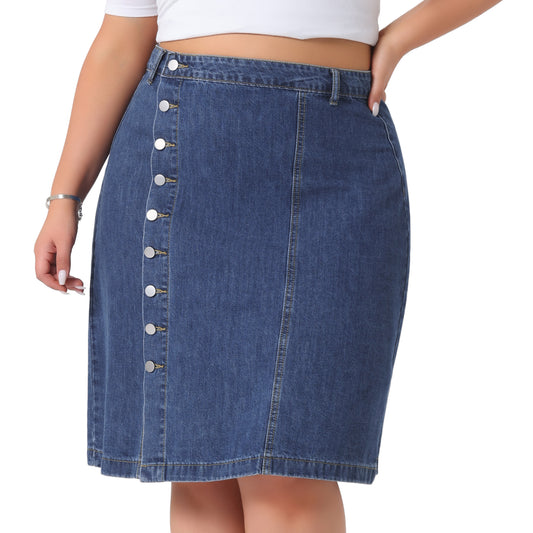 Falda vaquera de talla grande para mujer, con botones delanteros, cintura alta, corte A, falda vaquera midi