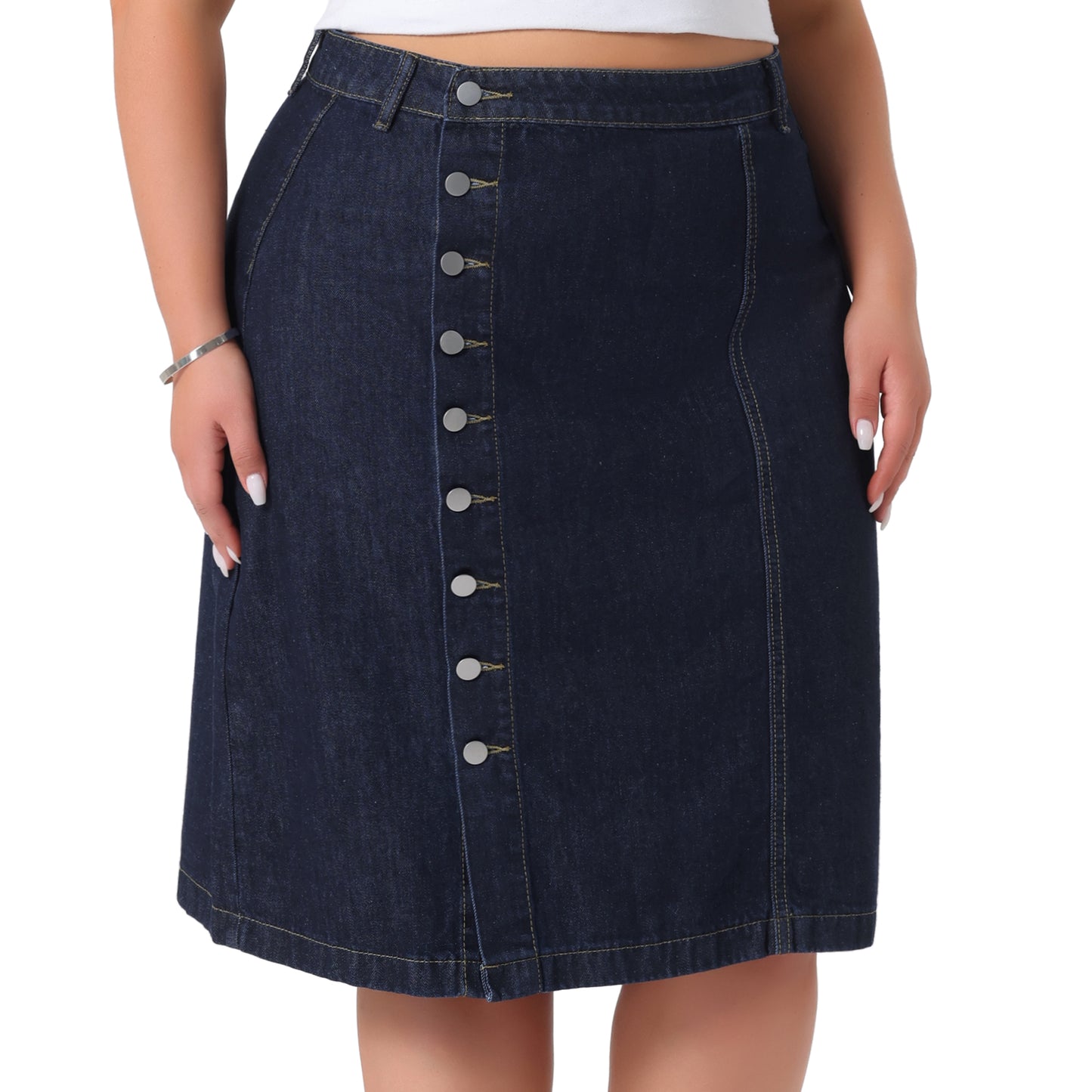 Women Plus Size Denim Skirt Button Front High Waist A Line Midi Jean Skirt