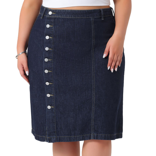 Women Plus Size Denim Skirt Button Front High Waist A Line Midi Jean Skirt