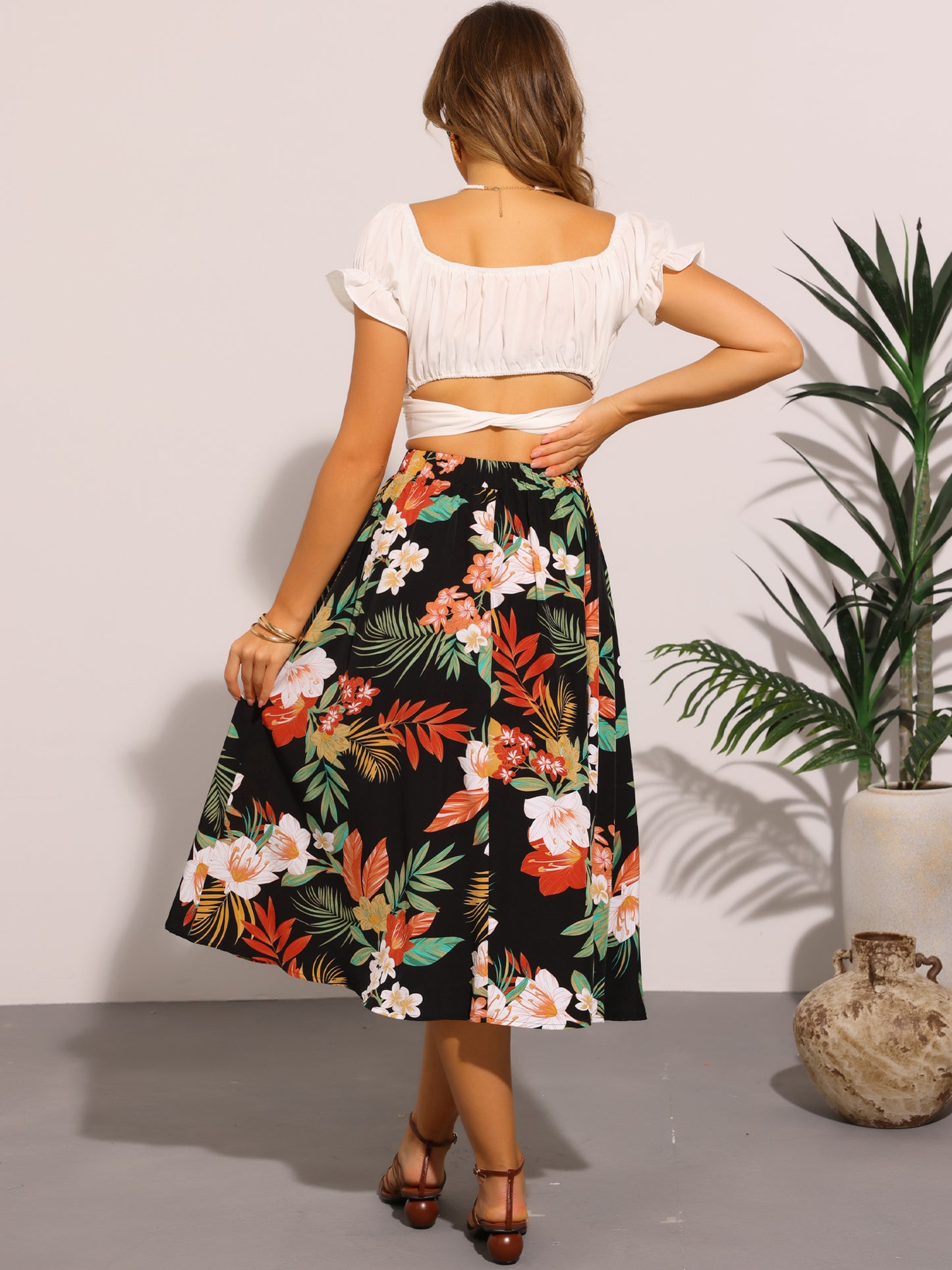 Women's Floral Boho Midi Skirt Elastic Waist A-Line Flowy Summer Skirt with Pocket
