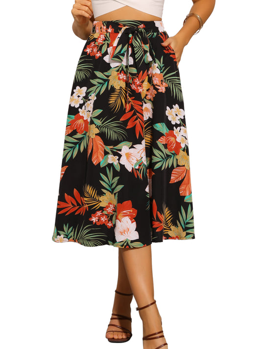Women's Floral Boho Midi Skirt Elastic Waist A-Line Flowy Summer Skirt with Pocket