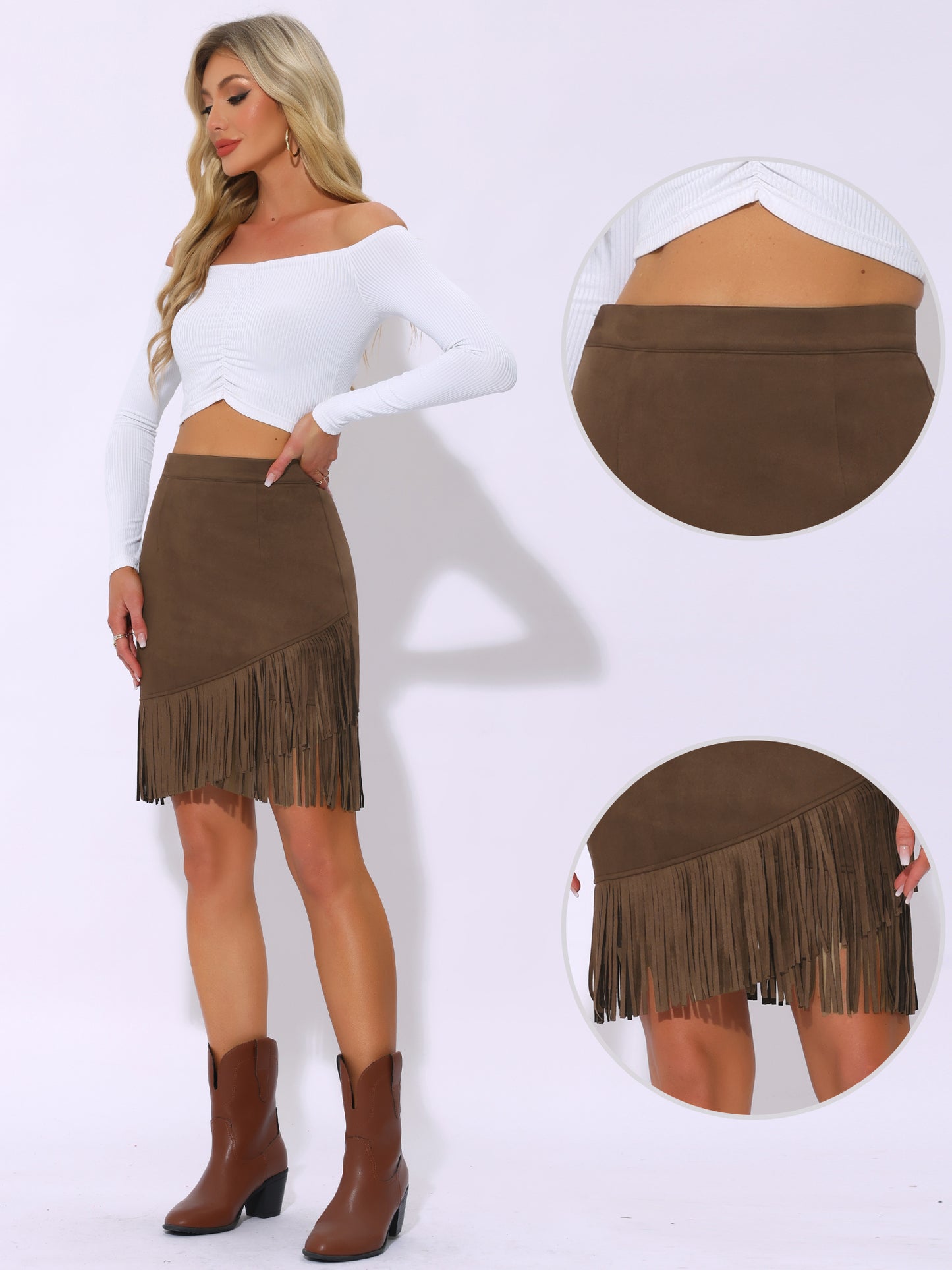 Minifalda ajustada elástica de gamuza sintética vintage con cintura alta y flecos para mujer