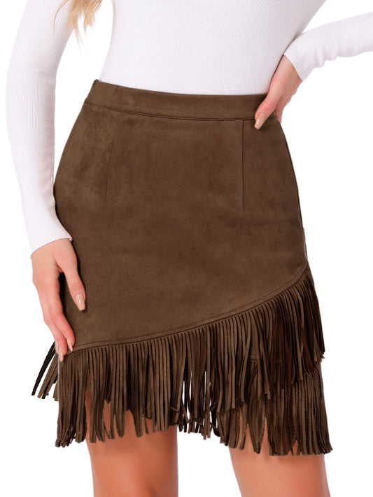 Minifalda ajustada elástica de gamuza sintética vintage con cintura alta y flecos para mujer