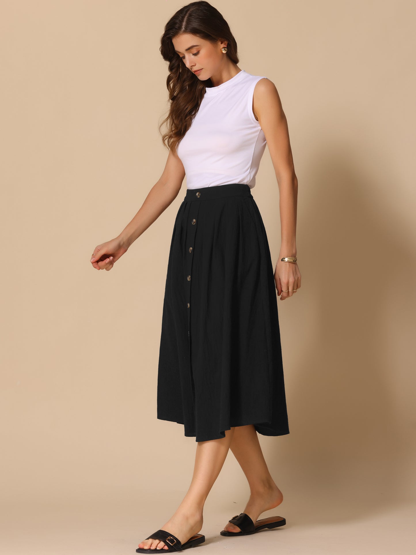 Women's Summer Casual Button Decor Elastic Waist A-Line Cotton Midi Skirt with Pocket