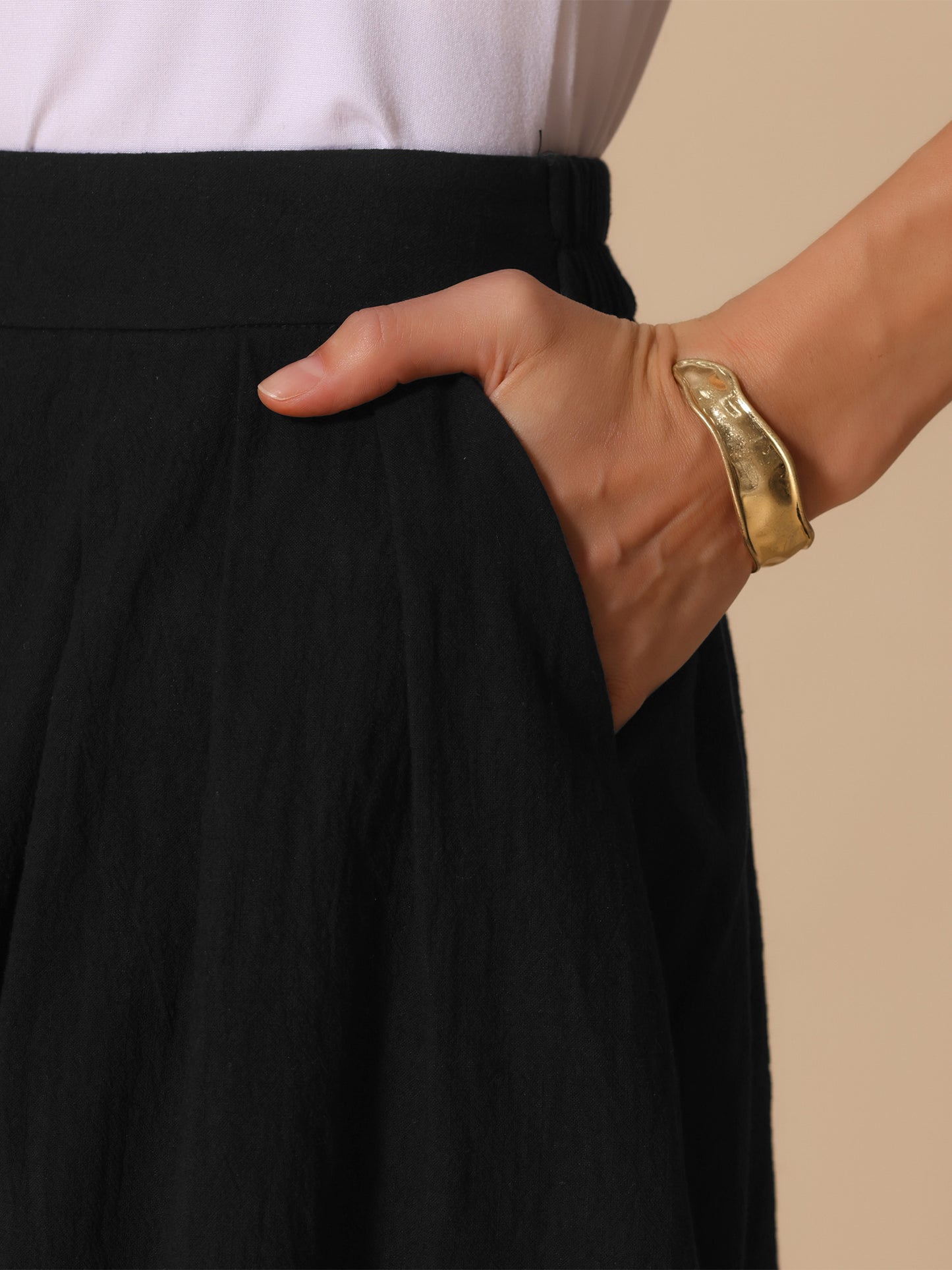 Women's Summer Casual Button Decor Elastic Waist A-Line Cotton Midi Skirt with Pocket