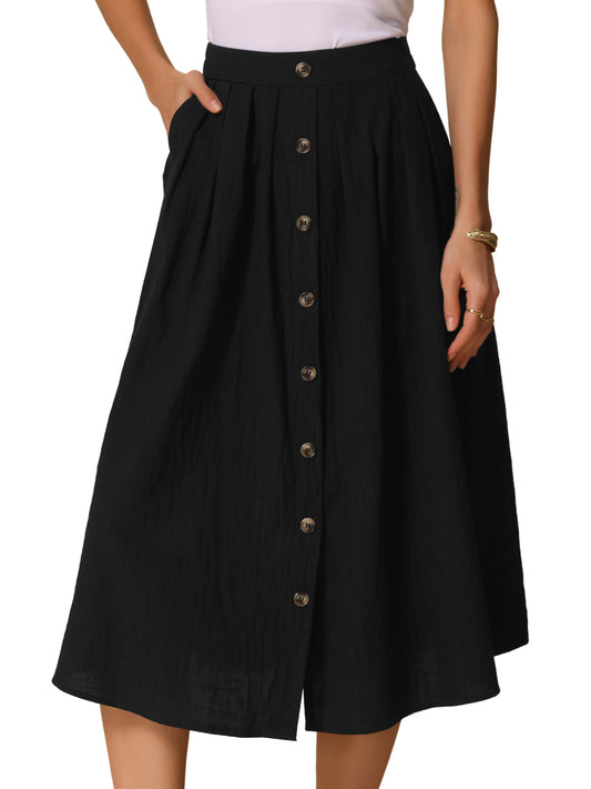 Women's Summer Casual Button Decor Elastic Waist A-Line Cotton Midi Skirt with Pocket