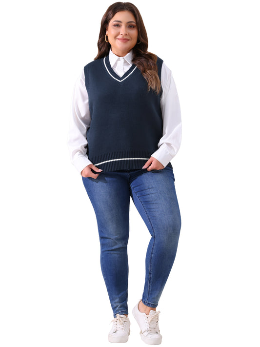 Women Plus Size Sweater Vest V Neck Stripe Cable Knit Sleeveless Pullover Sweater Vest
