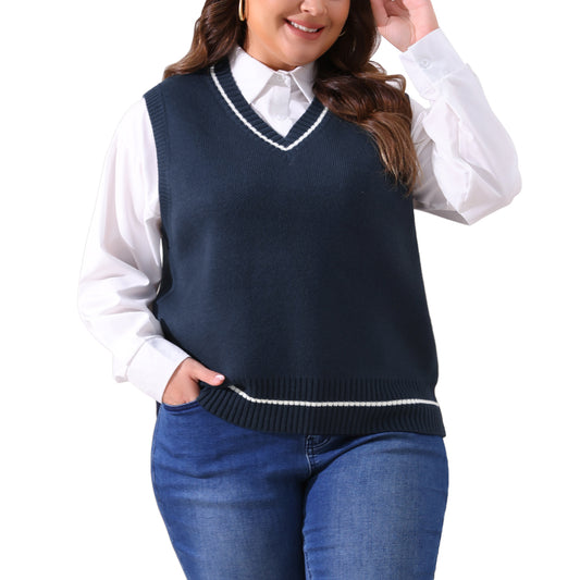 Women Plus Size Sweater Vest V Neck Stripe Cable Knit Sleeveless Pullover Sweater Vest