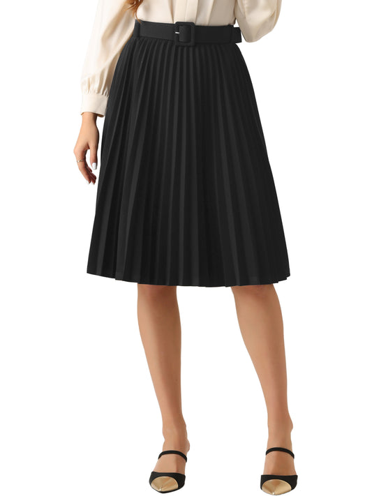 Women's Pleated Elastic High Waist Belt A-Line Midi Skirt