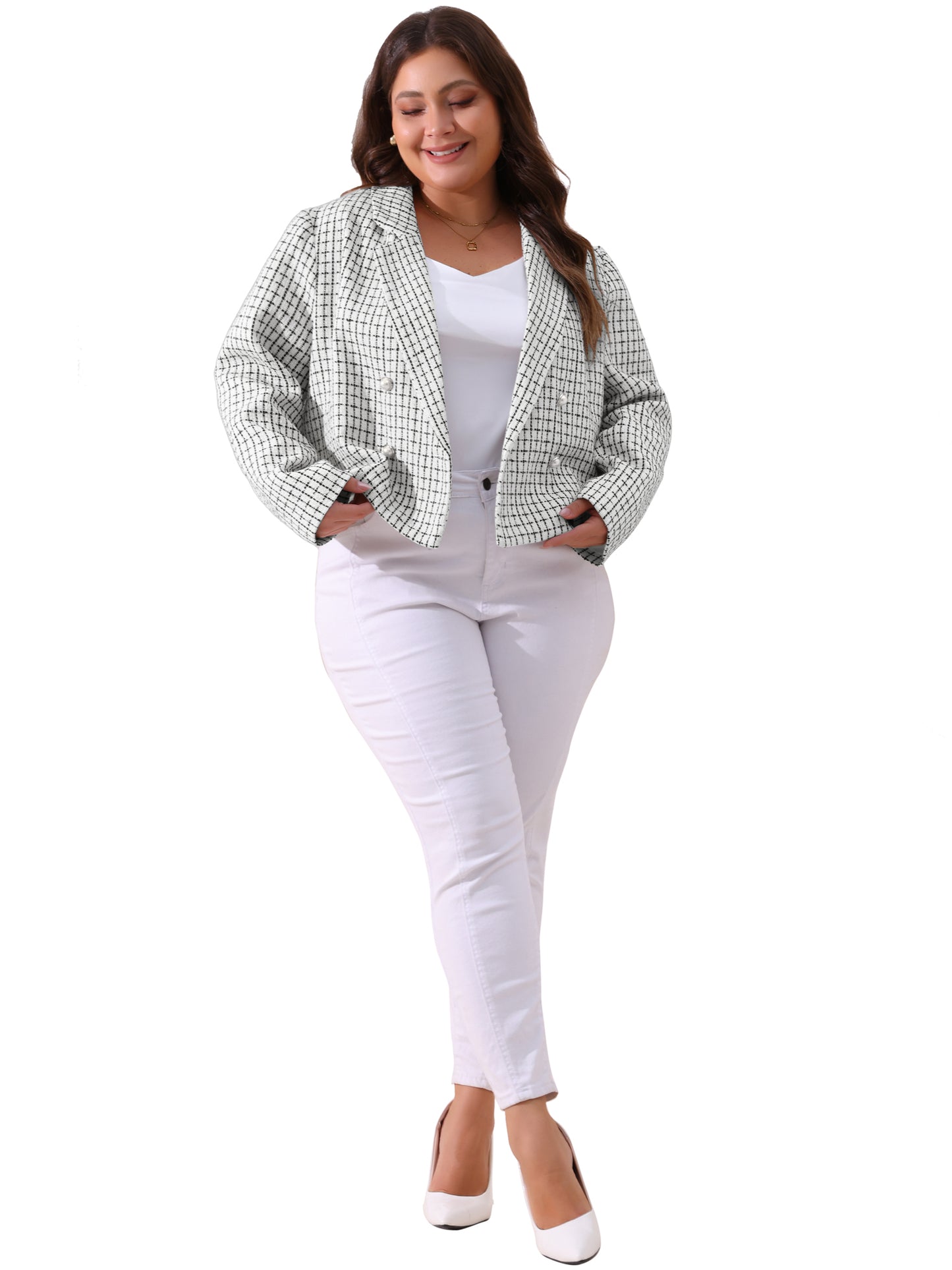 Chaqueta blazer de tweed de talla grande para mujer, con solapa con muescas, informal, elegante, de negocios, para primavera